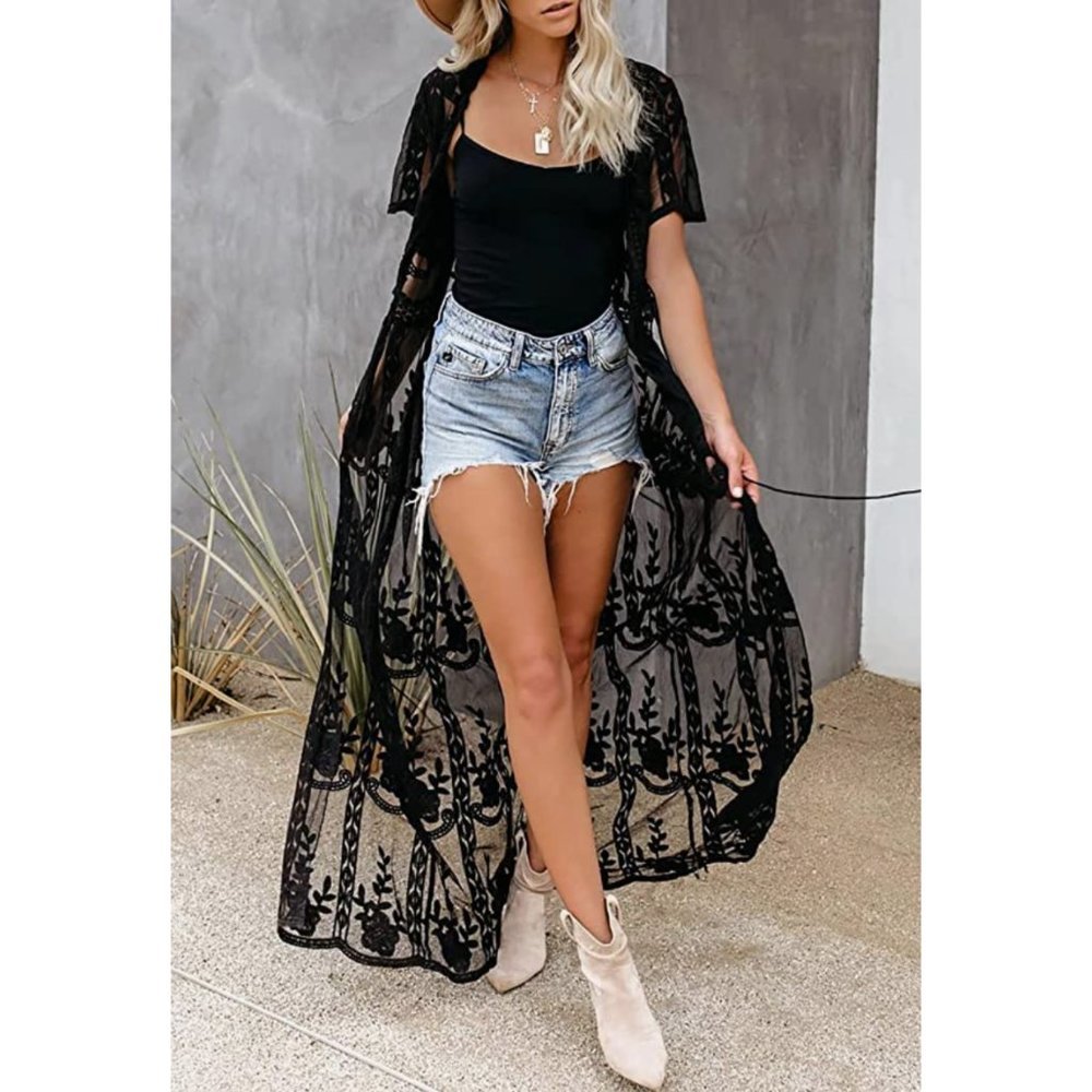 Black Crochet Knit Lace Open Face Short Sleeve Kimono Cardigan Duster Coverup - Picture 2 of 6